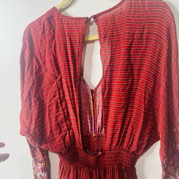 Anthropologie Breezy Open Back Jumpsuit Sz M Burgundy Stripe Floral Pants - Picture 12 of 14